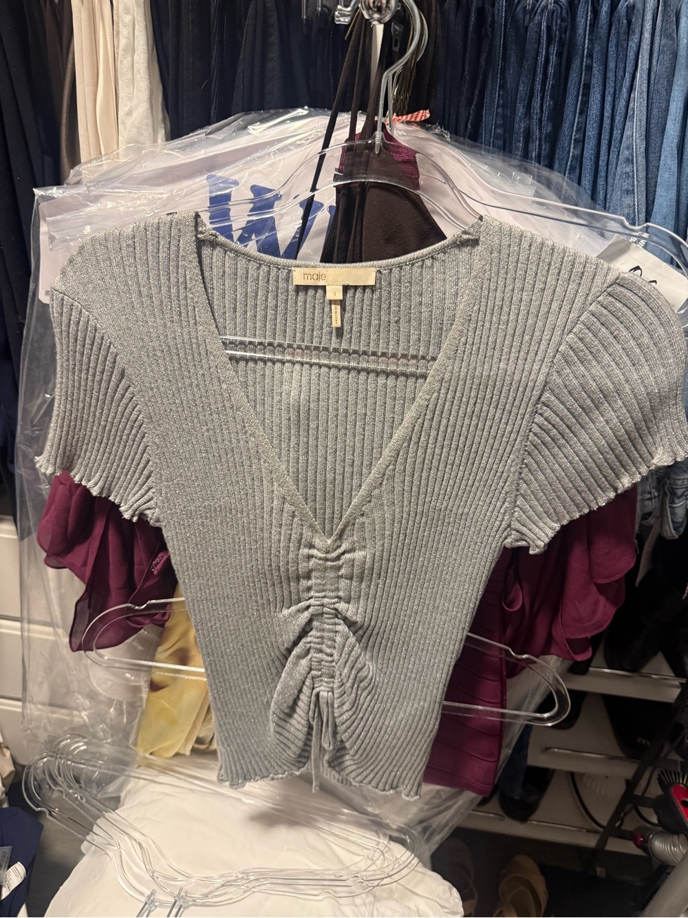 Maje Gray Ribbed V-Neck Cinched Front Top